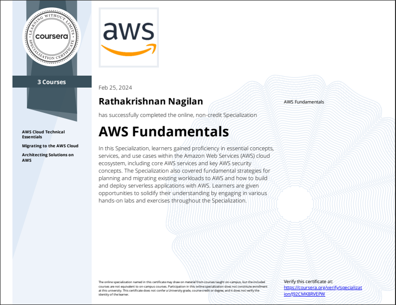AWS Fundamentals and Cloud Technical Essentials certificate
